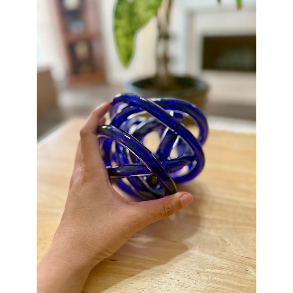 Cobalt Blue Art Glass Knot Sculpture Murano Style Abstract Glass Decor